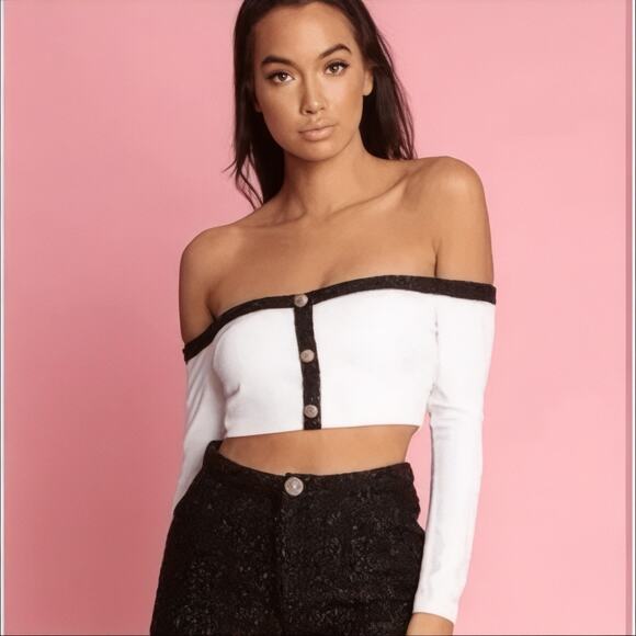 NWT AMBER X MESHKI Claudia Tweed Trim Bardot Off Shoulder Top Sz XS - Picture 14 of 15